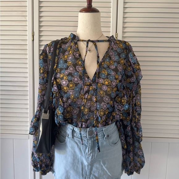 TopShop Purple Blue Ruffled Side Neck Tie Long Sleeve Blouse Top - Picture 5 of 5